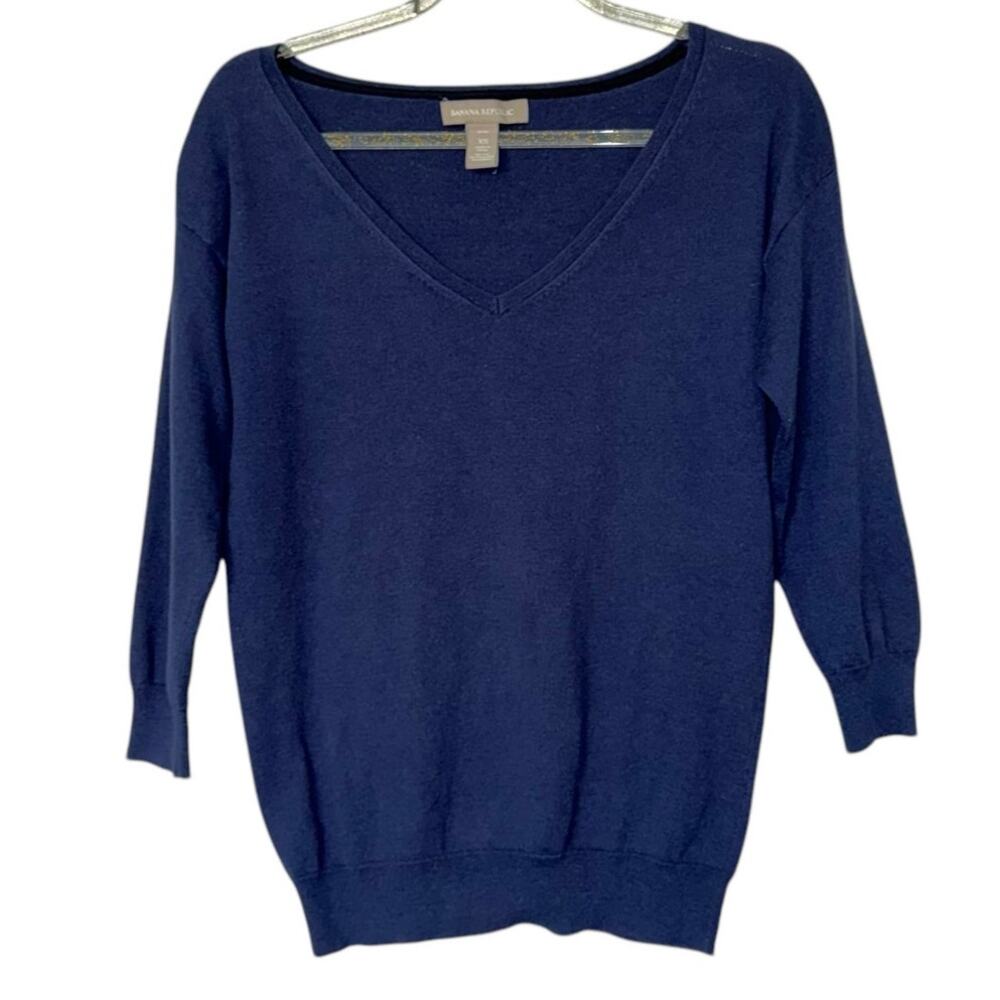 Y2k Banana Republic Knit Top V-Neck 3/4 Sleeve Sweater Womens Size XS Blue
